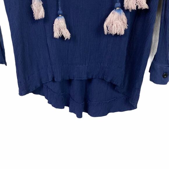 Zaful Navy Blue Distressed Semi-Sheer Boho Top Tunic Shirt Tassels Size Large - Picture 5 of 11